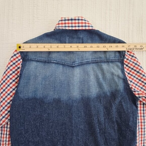 Prejuicio Demin Long Sleeve Shirt Men's S Small Red White Blue Button Pockets LN - Picture 9 of 13